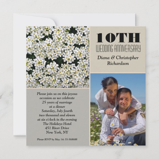 elegant white flowers 10 anniversary photo invites (Front)