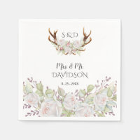 Elegant White Flowers Antlers Monogram Wedding