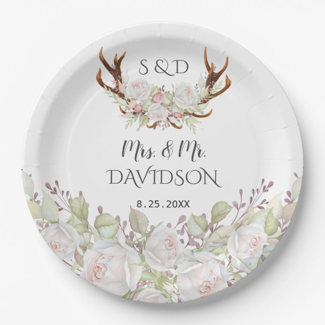 Elegant White Flowers Antlers Monogram Wedding Paper Plate (Front)