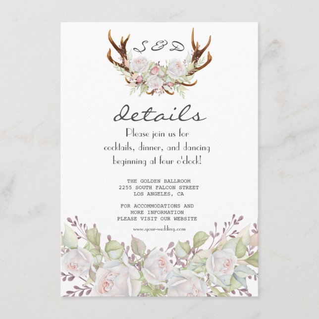 Elegant White Flowers Antlers Navy Wedding Details Enclosure Card (Front)