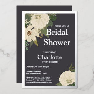 Elegant White Flowers Bridal Shower Charcoal  Foil
