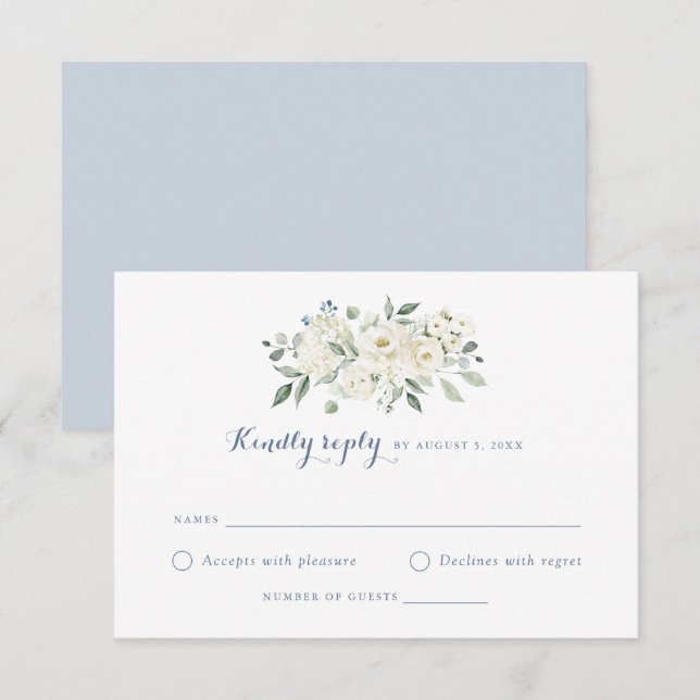 Elegant White Flowers Dusty Blue Wedding RSVP Invitation (Front/Back)