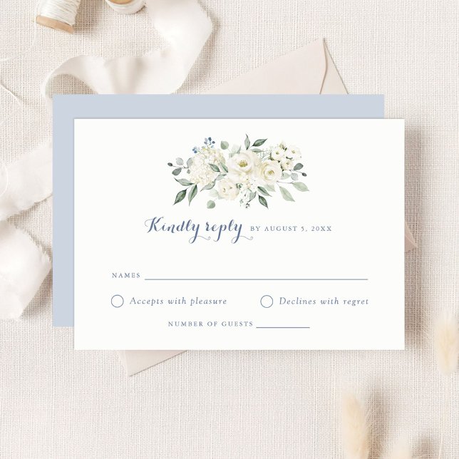 Elegant White Flowers Dusty Blue Wedding RSVP Invitation (Creator Uploaded)