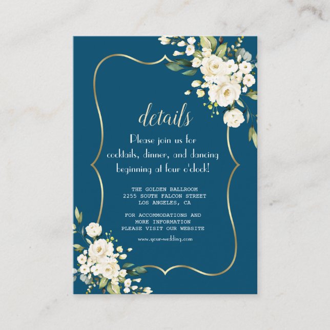 Elegant White Flowers Gold Blue Wedding Details Enclosure Card (Front)