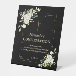 Elegant White Flowers Gold Confetti Confirmation  Pedestal Sign