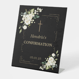 Elegant White Flowers Gold Confetti Confirmation Pedestal Sign