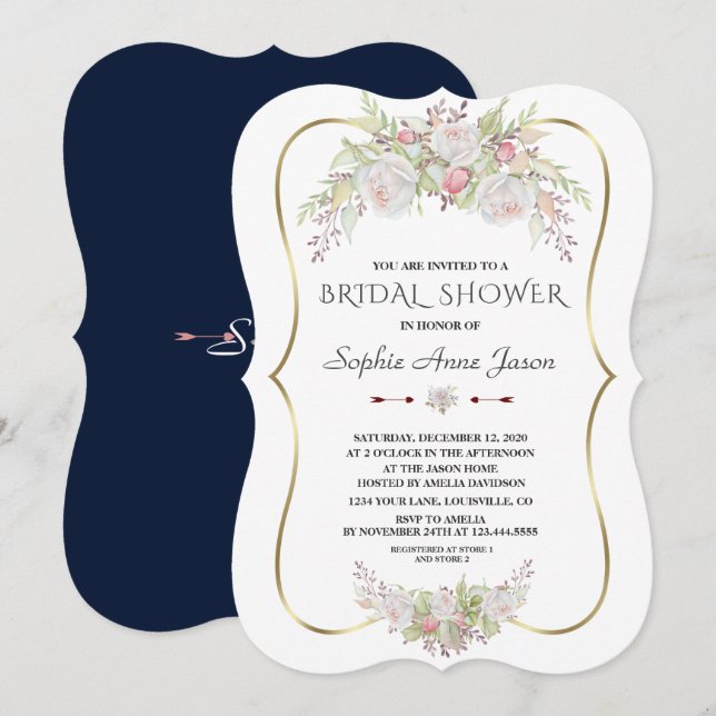 Elegant White Flowers Gold Navy Bridal Shower Invitation (Front/Back)