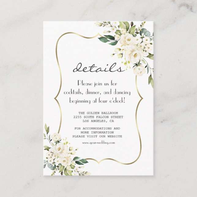 Elegant White Flowers Gold Navy Wedding Details Enclosure Card (Front)