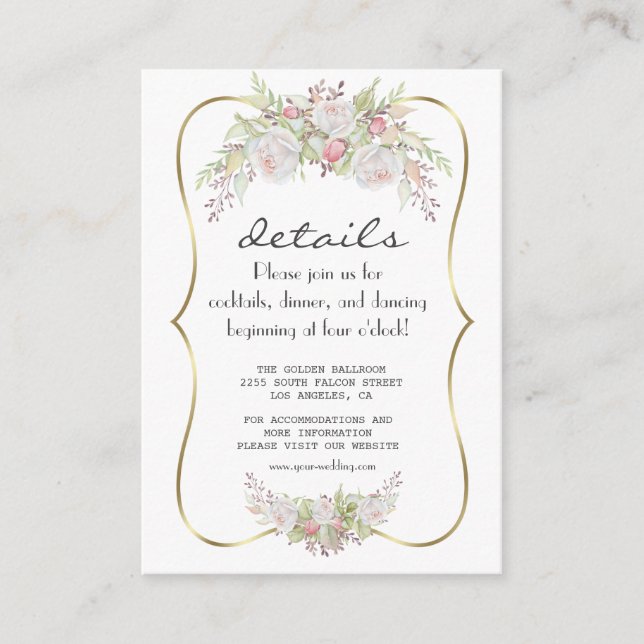 Elegant White Flowers Gold Navy Wedding Details Enclosure Card (Front)