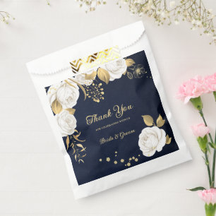 Elegant white flowers gold navy wedding favour bags