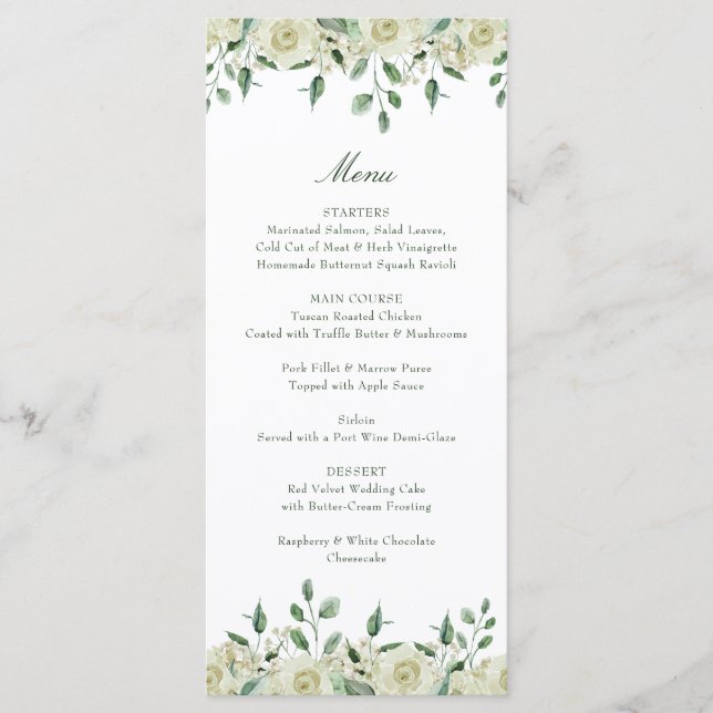 Elegant White Flowers Greenery Baptism Menu (Front)