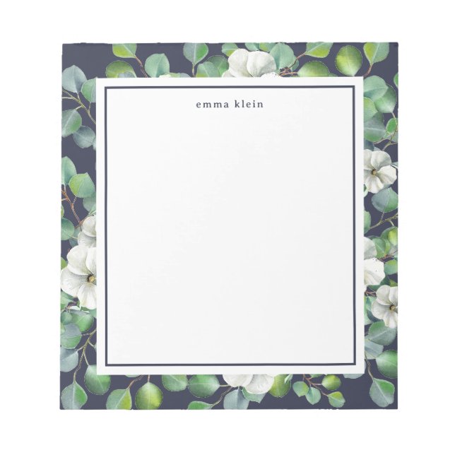Elegant White Flowers Greenery Name Notepad (Front)