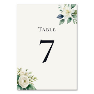 Elegant White Flowers & Greenery Wedding Reception Table Number