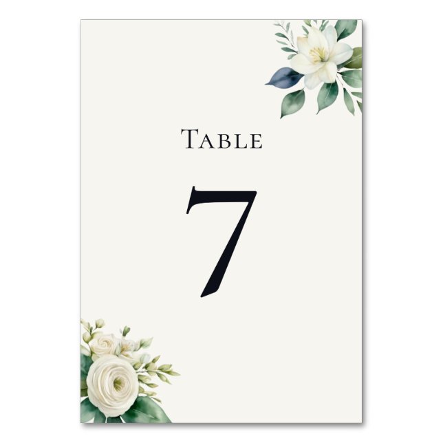 Elegant White Flowers & Greenery Wedding Reception Table Number (Front)