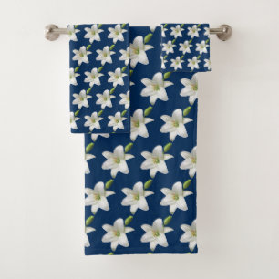 Elegant White Flowers on Prussian Blue Bath Towel Set