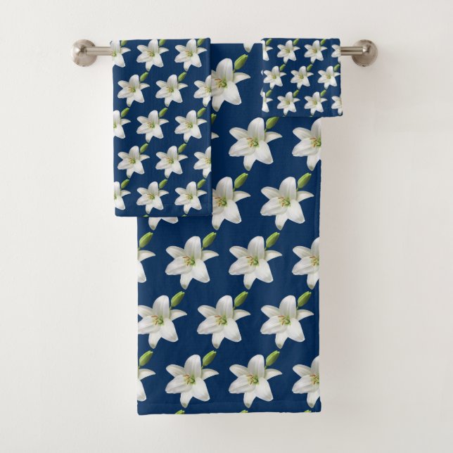 Elegant White Flowers on Prussian Blue Bath Towel Set (Insitu)