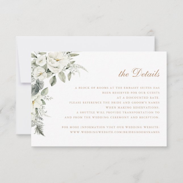 Elegant White Flowers Sage Green Wedding Details Invitation (Front)