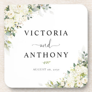Elegant White Flowers Square Wedding Coaster