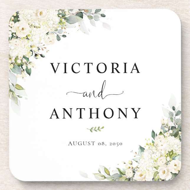 Elegant White Flowers Square Wedding Coaster (Front)