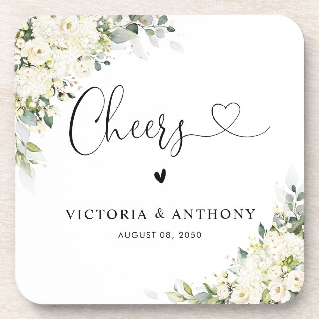 Elegant White Flowers Square Wedding Coaster (Front)