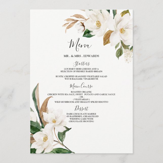 Elegant White Flowers Wedding or Dinner Party Menu (Front)