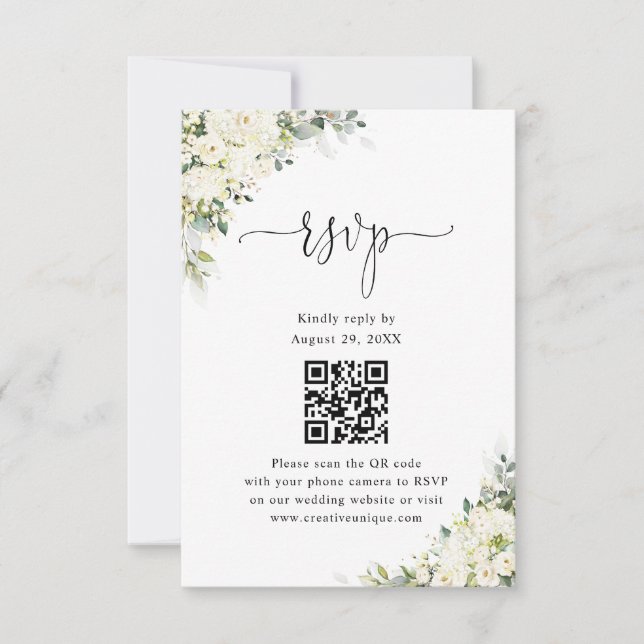 Elegant White Flowers Wedding Website QR Code RSVP Card (Front)