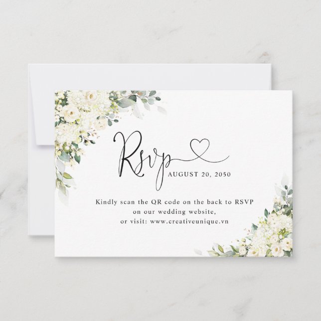 Elegant White Flowers Wedding Website QR Code RSVP Card (Front)
