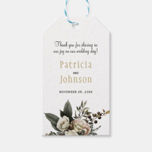 Elegant white flowers winter wedding thank you gift tags
