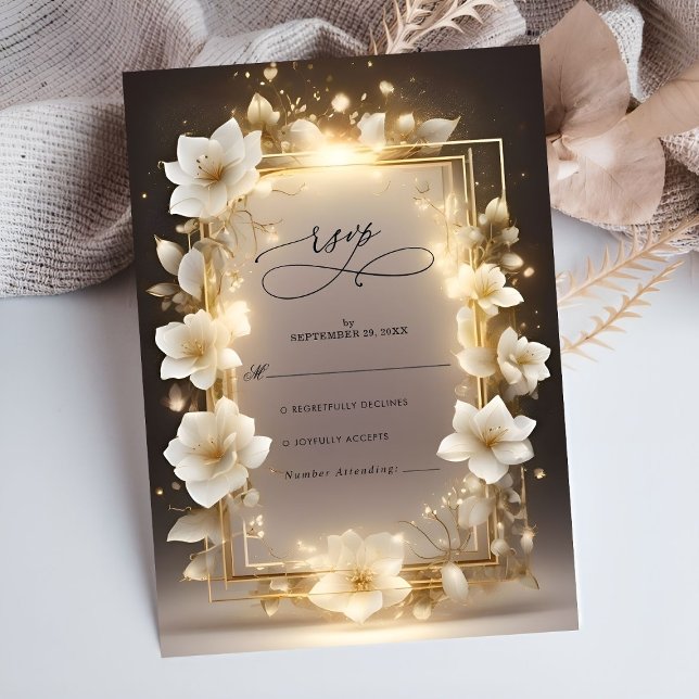 Elegant White Flowers with Lights Wedding RSVP Card (Creator Uploaded)