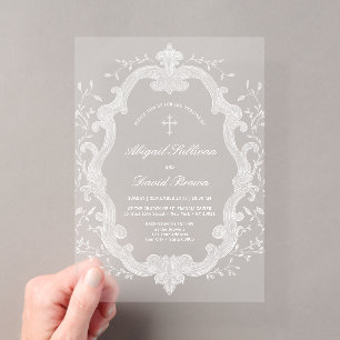 Elegant White Foliage Crest Religious Wedding Acrylic Invitations