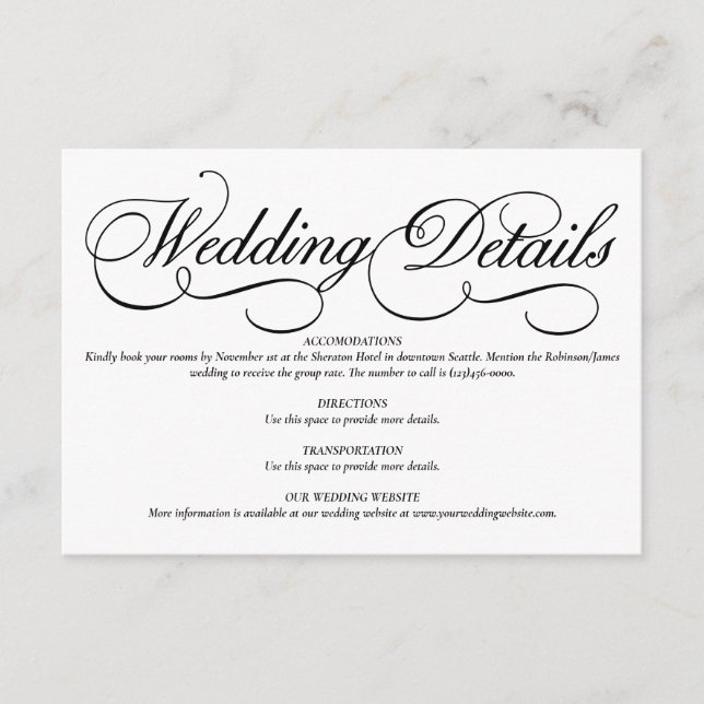 Elegant White Formal Wedding Details Card (Front)
