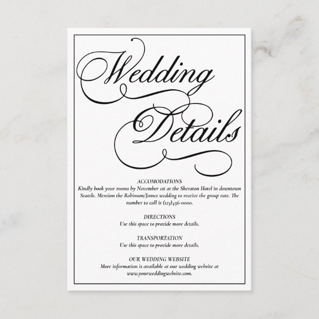 Elegant White Formal Wedding Details Card (Front)