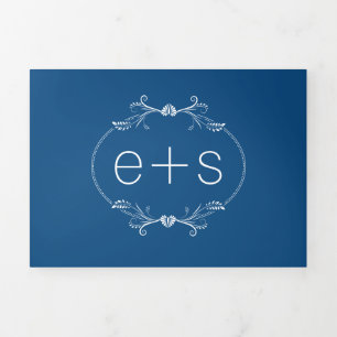 Elegant white frame, initials classic blue wedding Tri-Fold invitation