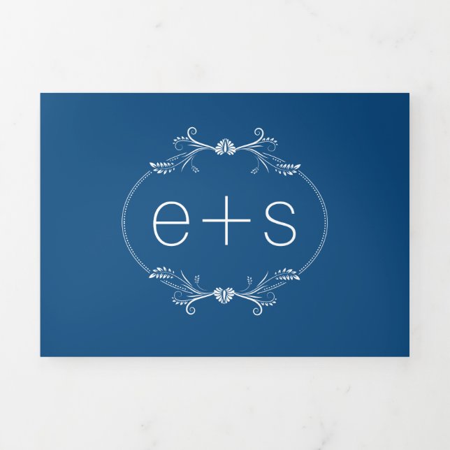 Elegant white frame, initials classic blue wedding Tri-Fold invitation (Cover)