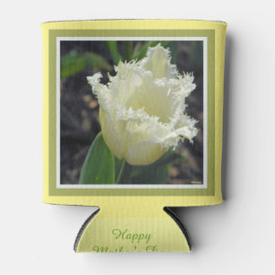 Elegant White Frayed Tulip with Border Design Can Cooler