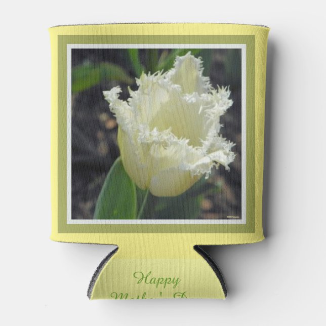 Elegant White Frayed Tulip with Border Design Can Cooler (Front)