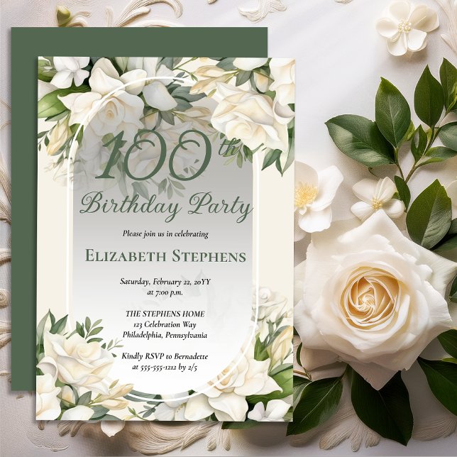Elegant White Gardenia Floral 100th Birthday Party Invitation (Elegant White Gardenia Floral 100th Birthday Party Invitations -- Print | Digital Download)
