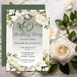 Elegant White Gardenia Floral 40th Birthday Party Invitation<br><div class="desc">Celebrate a milestone birthday with timeless elegance. This sophisticated 40th birthday party invitation features a soft botanical frame of white gardenia and lily florals and delicate greenery surrounding a refined sage green background. The graceful oval frame and classic typography create a polished, upscale look perfect for a stylish birthday celebration....</div>