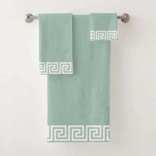 Elegant White Geometric Frame on Light Green Bath Towel Set