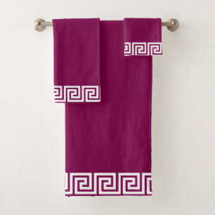 Elegant White Geometric Pattern Frame on Maroon Bath Towel Set