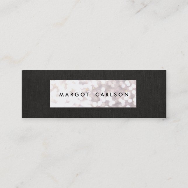 Elegant White Glitter Bokeh Black Linen Look Chic Mini Business Card (Front)