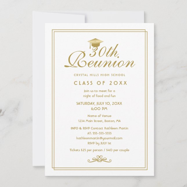 Elegant White Gold 30th Class Reunion Invitation (Front)