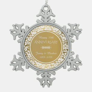 Elegant White & Gold 50th Wedding Anniversary Snowflake Pewter Christmas Ornament