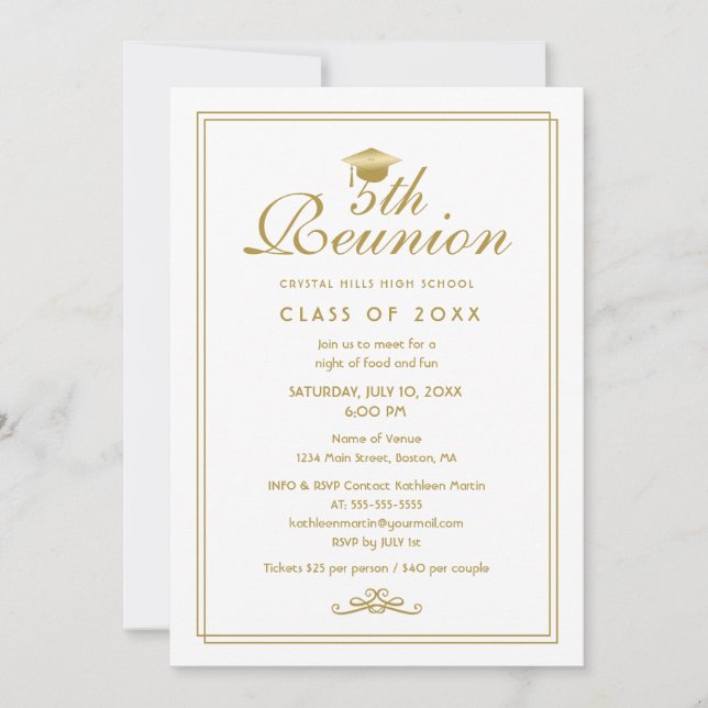 Elegant White Gold 5th Class Reunion Invitation (Front)