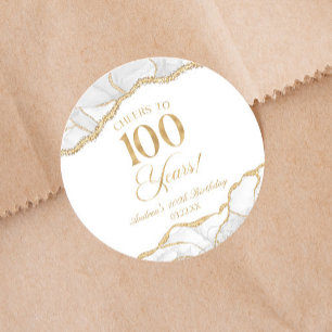 Elegant White Gold Agate 100th Birthday Party Classic Round Sticker