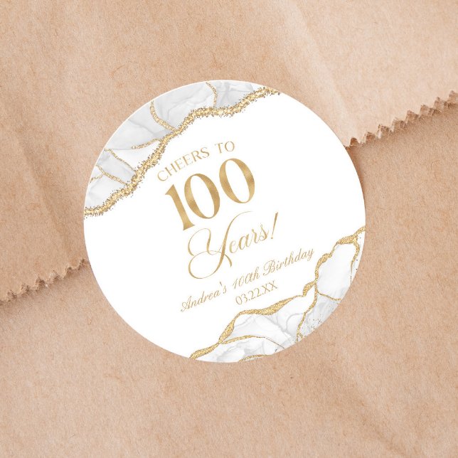 Elegant White Gold Agate 100th Birthday Party Classic Round Sticker (Creator Uploaded)