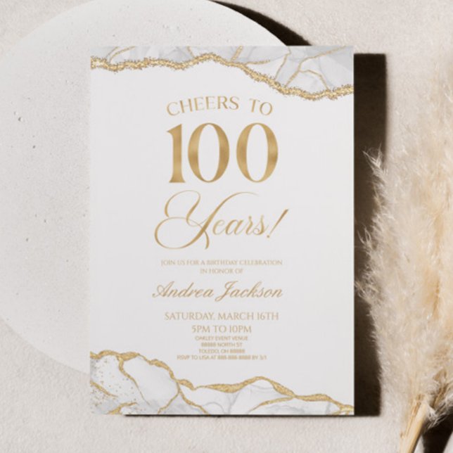 Elegant White Gold Agate 100th Birthday Party Invitation (Creator Uploaded)