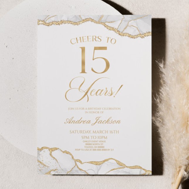 Elegant White Gold Agate 15th Birthday Party Invitation (Creator Uploaded)