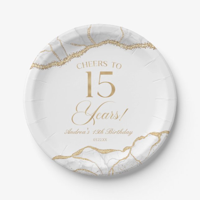 Elegant White Gold Agate 15th Birthday Party Paper Plate (Front)