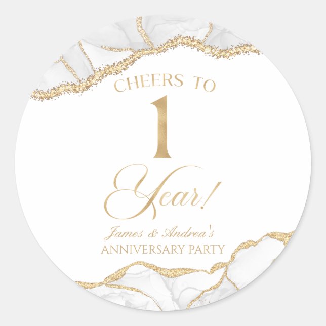 Elegant White Gold Agate 1st Anniversary Party Classic Round Sticker (Front)